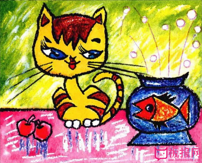 赏鱼的小猫水彩画