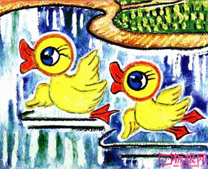 小鸭子水彩画，憨态可掬的小鸭子