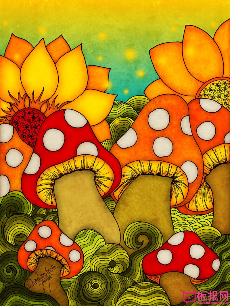 儿童手绘插画，蘑菇屋