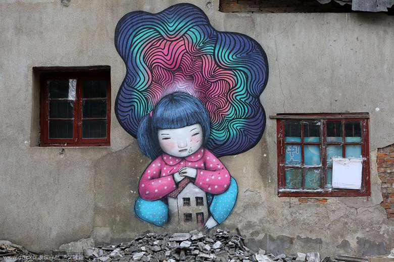 创意墙壁涂鸦，上海农村的重现