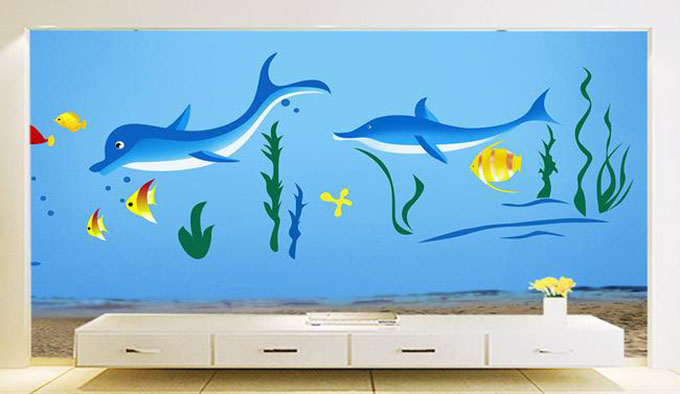 墙壁客厅绘画，卡通海豚壁画