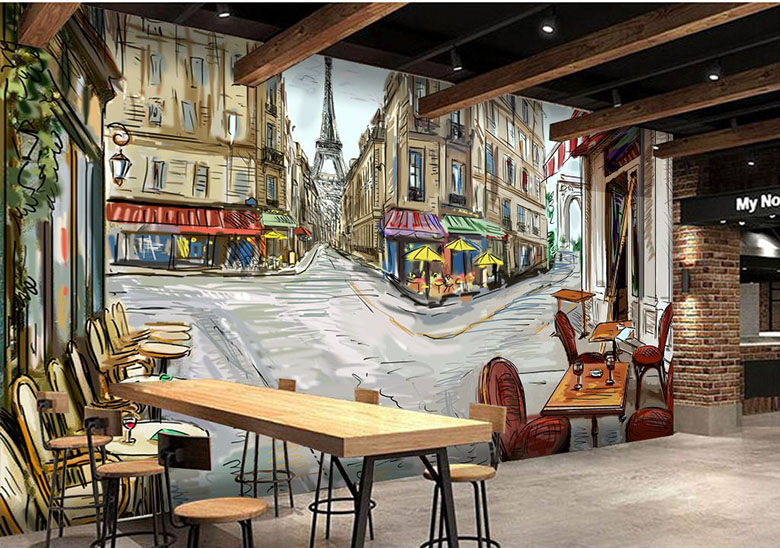 餐厅壁画，手绘欧美街景大型壁画