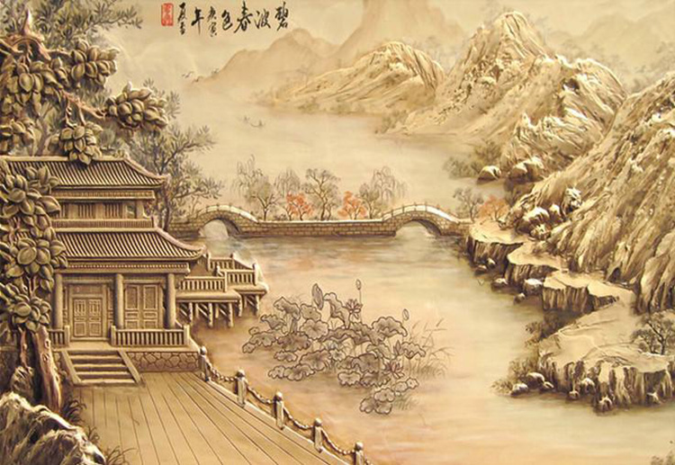 中式古典壁画，高清浮雕山水风光壁画图