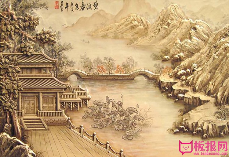 中式古典壁画，高清浮雕山水风光壁画图