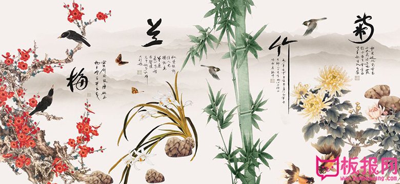 中式背景墙壁画图片，梅兰竹菊
