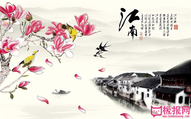 中式手绘客厅背景墙壁画图片，江南美景