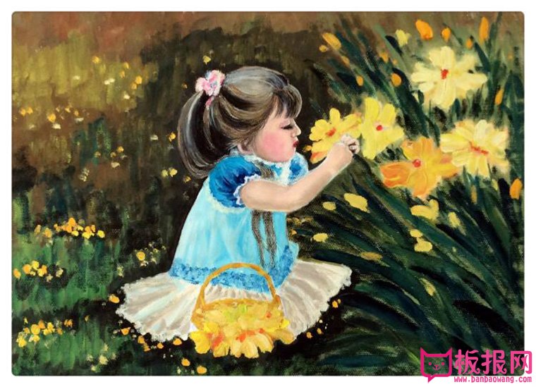水粉人物图片，摘花的小女孩
