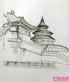 北京天坛一角速写图片,建筑速写图片