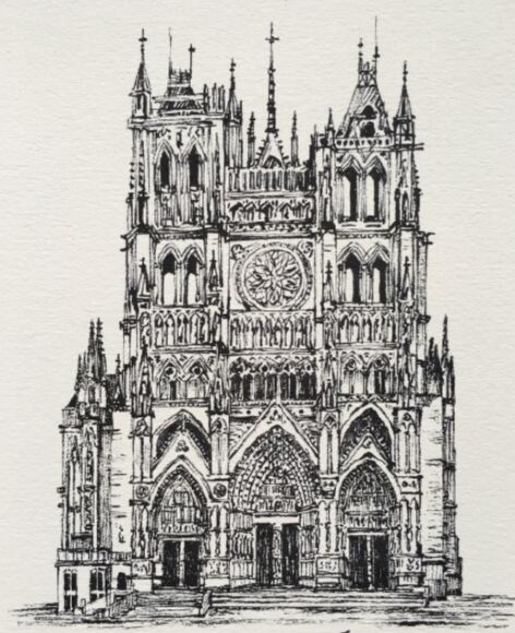 法国亚眠大教堂速写，建筑速写图片