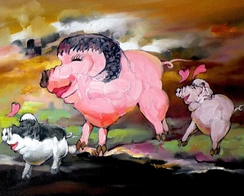 抽象油画图片，可爱的抽象油画小猪