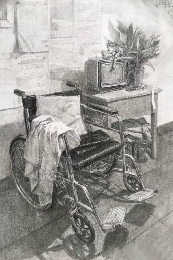 静物素描图片，孤单的轮椅