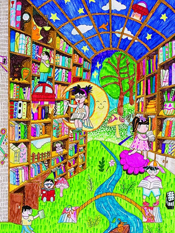 漂亮的儿童科幻画图片，神奇的图书馆