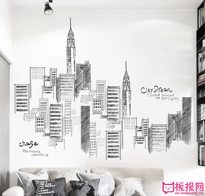 创意建筑客厅墙贴画，城市寄语