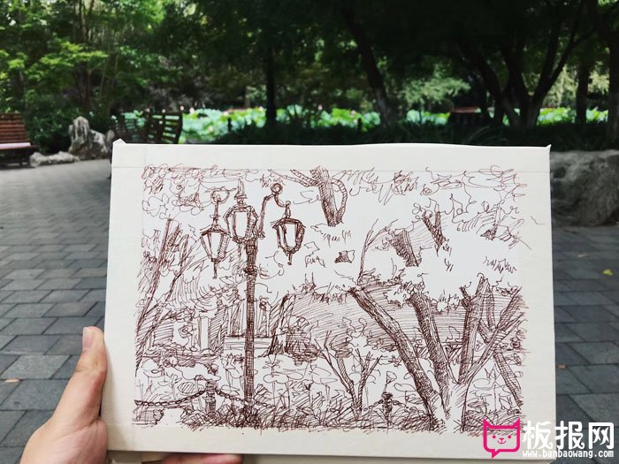 漂亮的钢笔风景速写图片，上海鲁迅公园