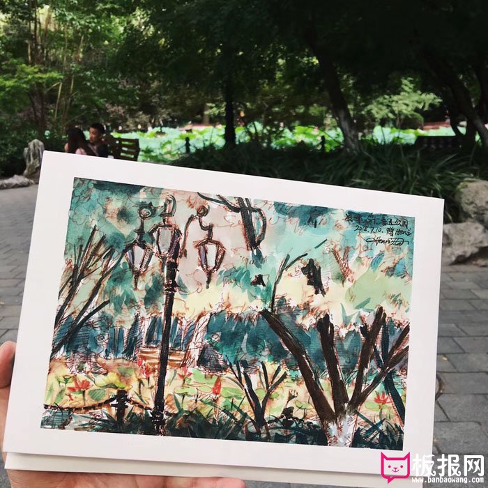 漂亮的钢笔风景速写图片，上海鲁迅公园