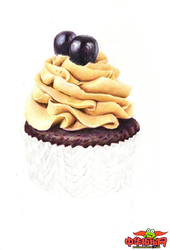 手绘彩铅画教程步骤图，咖色条纹蛋糕杯