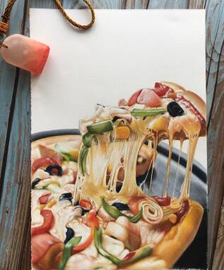 彩铅手绘美食简单步骤，披萨彩铅画教程