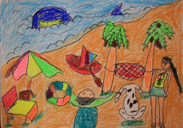 海边戏水儿童画示例