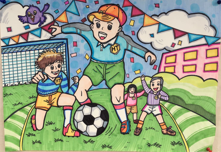 儿童水彩画:男孩踢足球