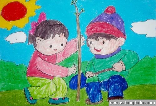 儿童水彩画儿童植树
