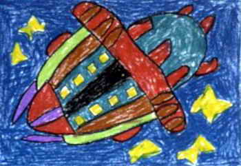 儿童水彩画 《我乘飞船上太空》