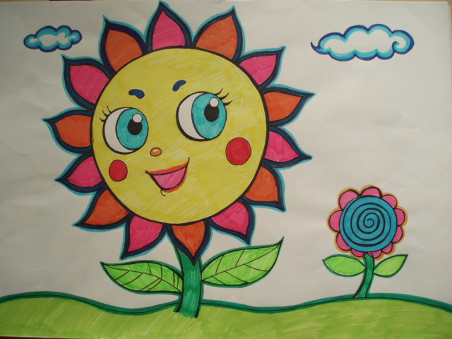 大眼睛向日葵儿童水彩画
