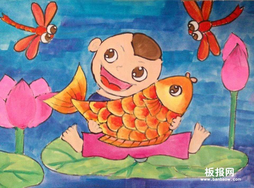 男孩怀里抱着鲤鱼的儿童水彩画