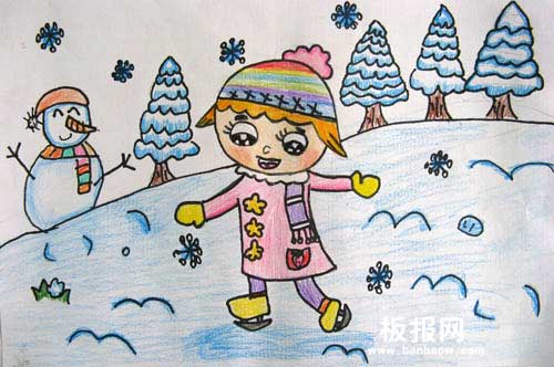 快乐的小女孩给孩子们做雪人水彩画