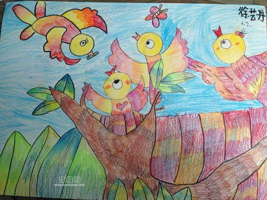 鸟妈妈和小鸟儿童水彩画 小鸟喂食水彩画