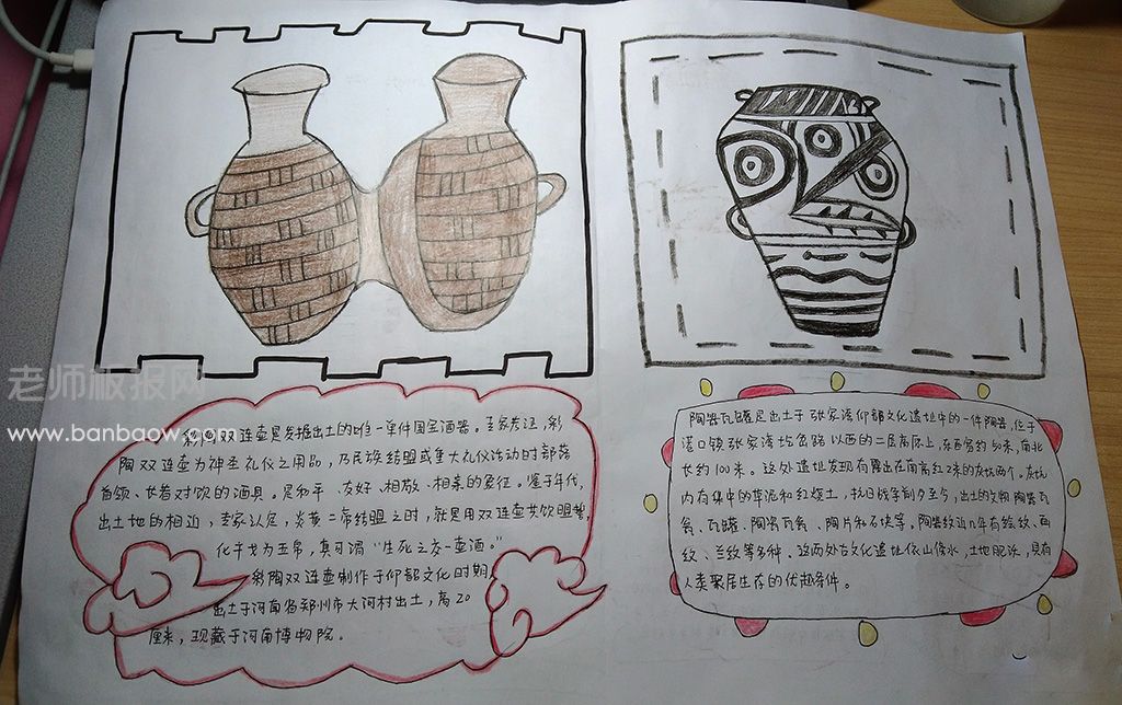 中国传统彩陶双联壶文化手绘图